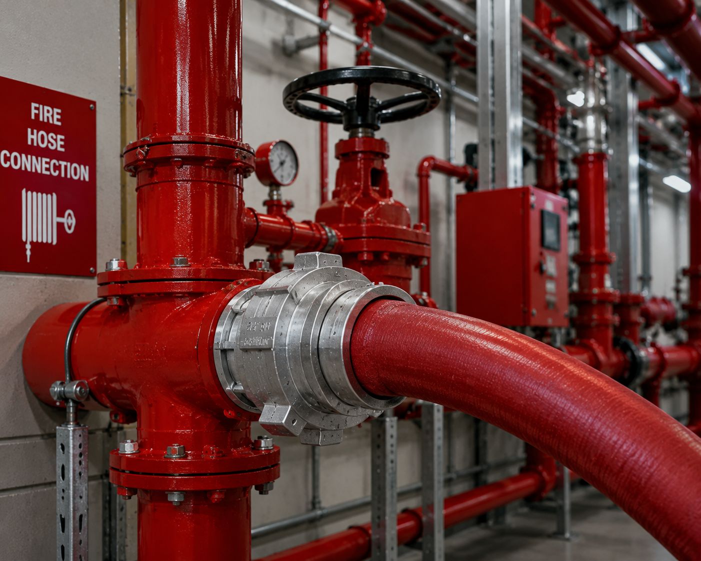 Fire hose coupling installed in industrial fire protection system