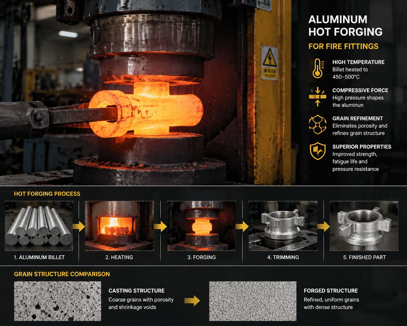 Aluminum hot forging process for fire fittings manufacturing
