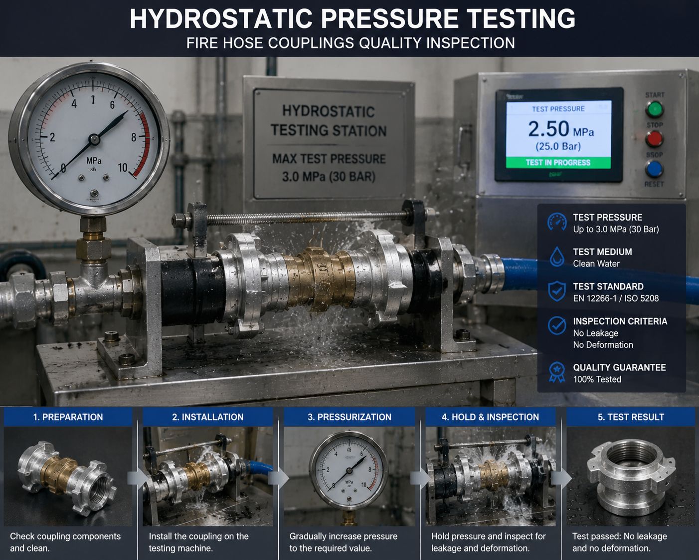 Hydrostatic pressure testing for fire hose couplings