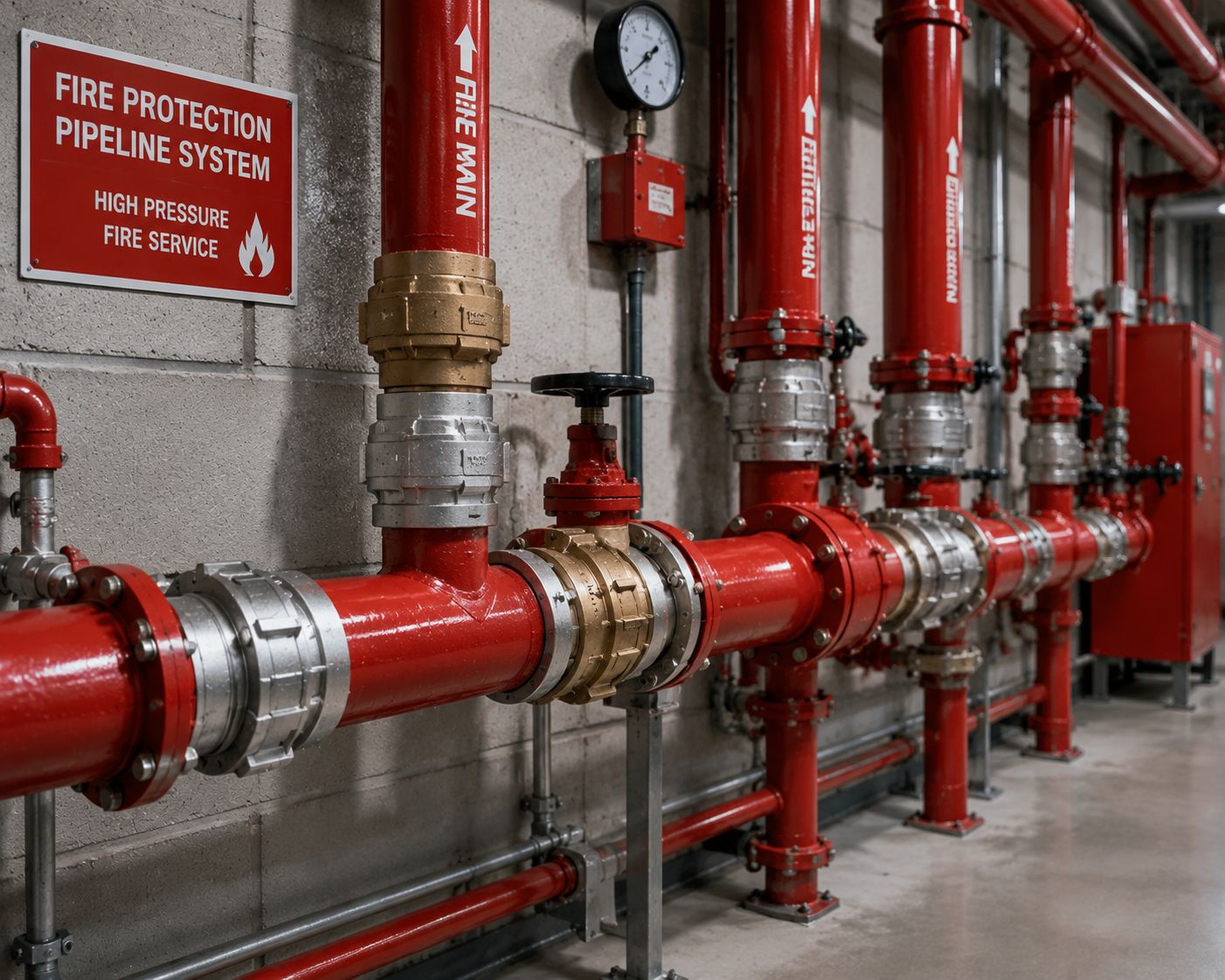 Industrial pipeline system with fire couplings installed